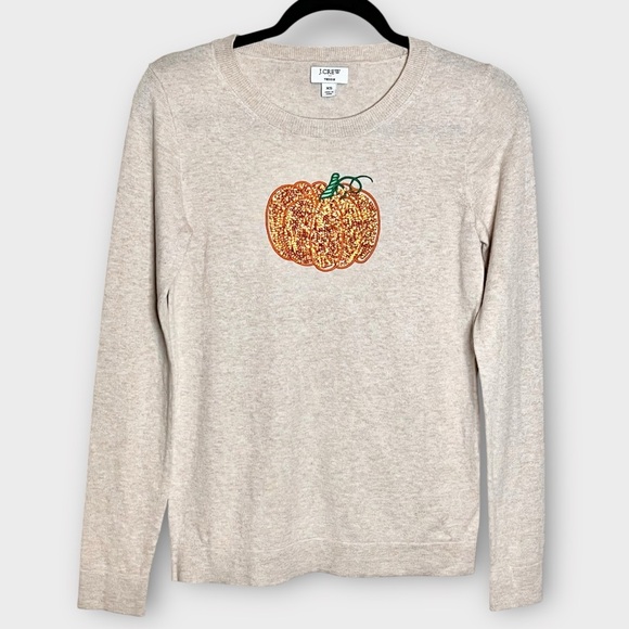 J, CREW tan sequin & embroidered pumpkin teddie sweater size XS Halloween fall - Picture 1 of 5